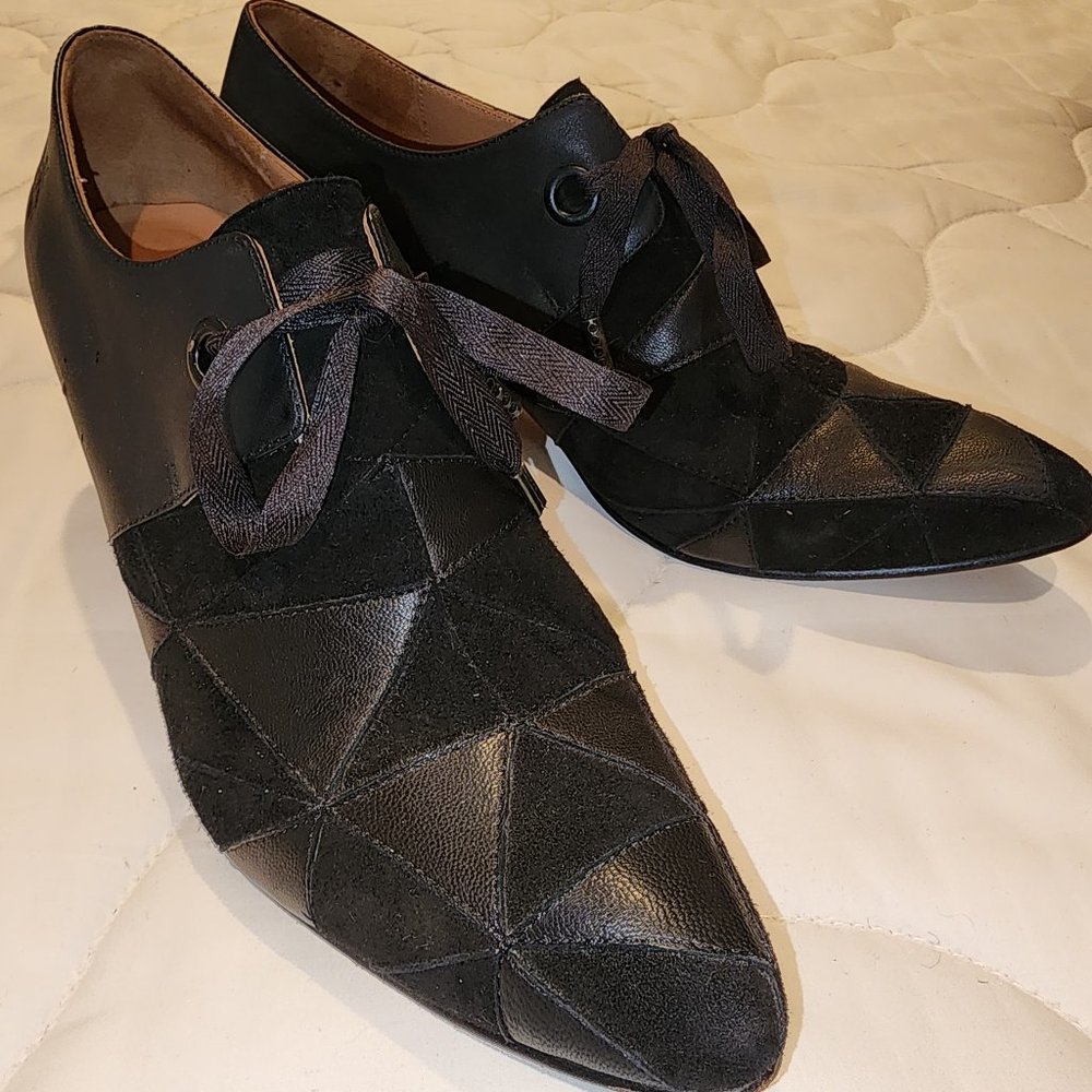 John Fluevog "Scheme" black/charcoal 3" heel bootie